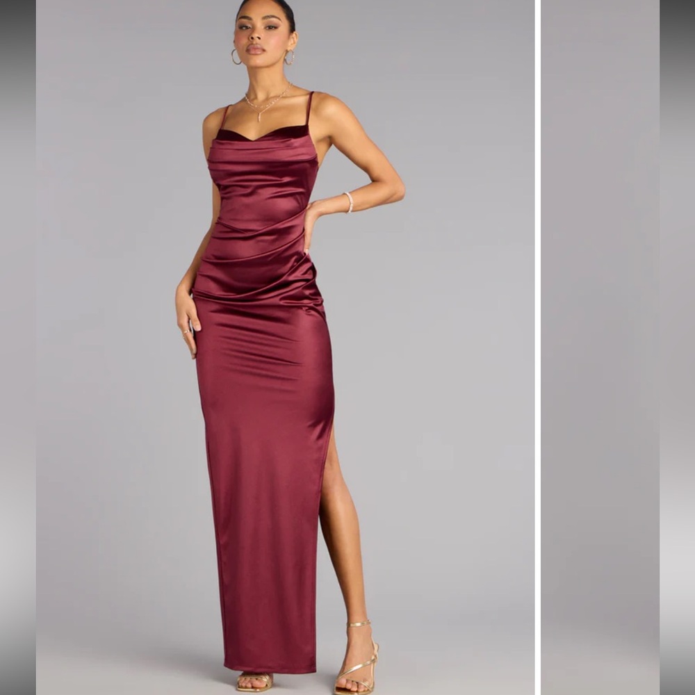 Jane Cowl Neck Slit Satin Formal Column Dress